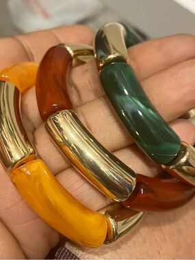 Resin and Gold-Tone Link Bracelet - Green, Amber, and Yellow